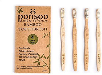 Natural Bamboo Toothbrushes (4-Pack set) Individually Numbered, Biodegradable, Soft Bristle, Earth Friendly, Ecological, Light-Weight Wood, Recycled Cardboard, Environmental, Plant Based, Medium Size