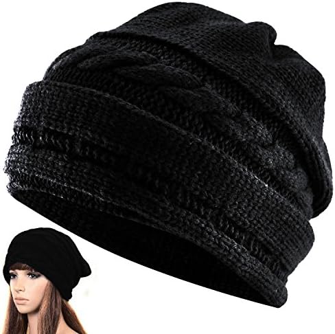 AStorePlus Womens Men Cable Knitted Baggy Beret Hat Winter Warm Slouchy Oversized Ski Beanie Cap, Black