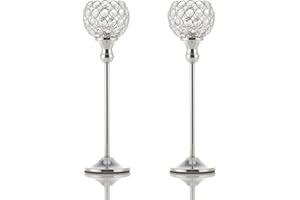 VINCIGANT Silver Crystal Pillar Candle Holders Set of 2,15Inches Tall Coffee Table Decorative Centerpiece for Wedding Halloween Candlelight Dinner Vas