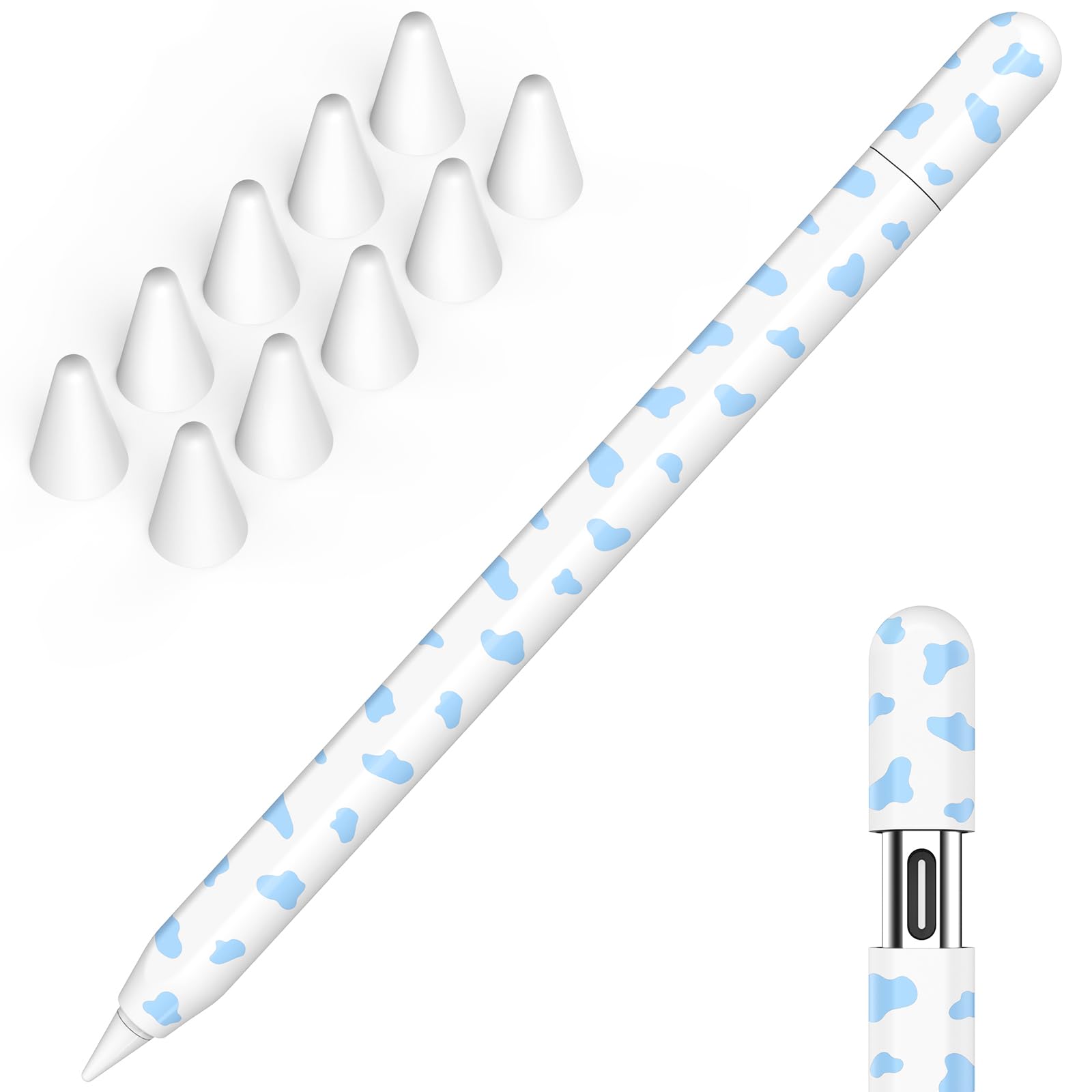 NIUTRENDZ Cow Print iPencil Case for Apple Pencil USB-C Case Cover Silicone Protective Sleeve Skin with 10pcs Apple Pencil Tips Cover (Blue, Apple Pencil USB-C)