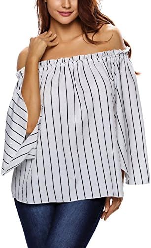 Lannorn Women's Summer Party Club Off Shoulder Collar Fold Striped Loose T-shirt Tops Long Sleeve Blouses.