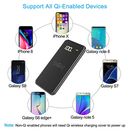 Wireless Charger Power Bank,DYTesa 8000mAH Portable Charger Mirror Surface LCD Digital Screen External Battery with 2.1A Type-C & Micro Dual Input,2.4A Output for Smartphone & Other Device,Black