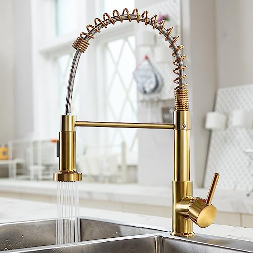 BLYLUND Grifo de Cocina Dorado, Grifo Monomando de Latón para Fregadero de Cocina con Rociador Extraíble de 2 Vías Caliente y Frío, Oro