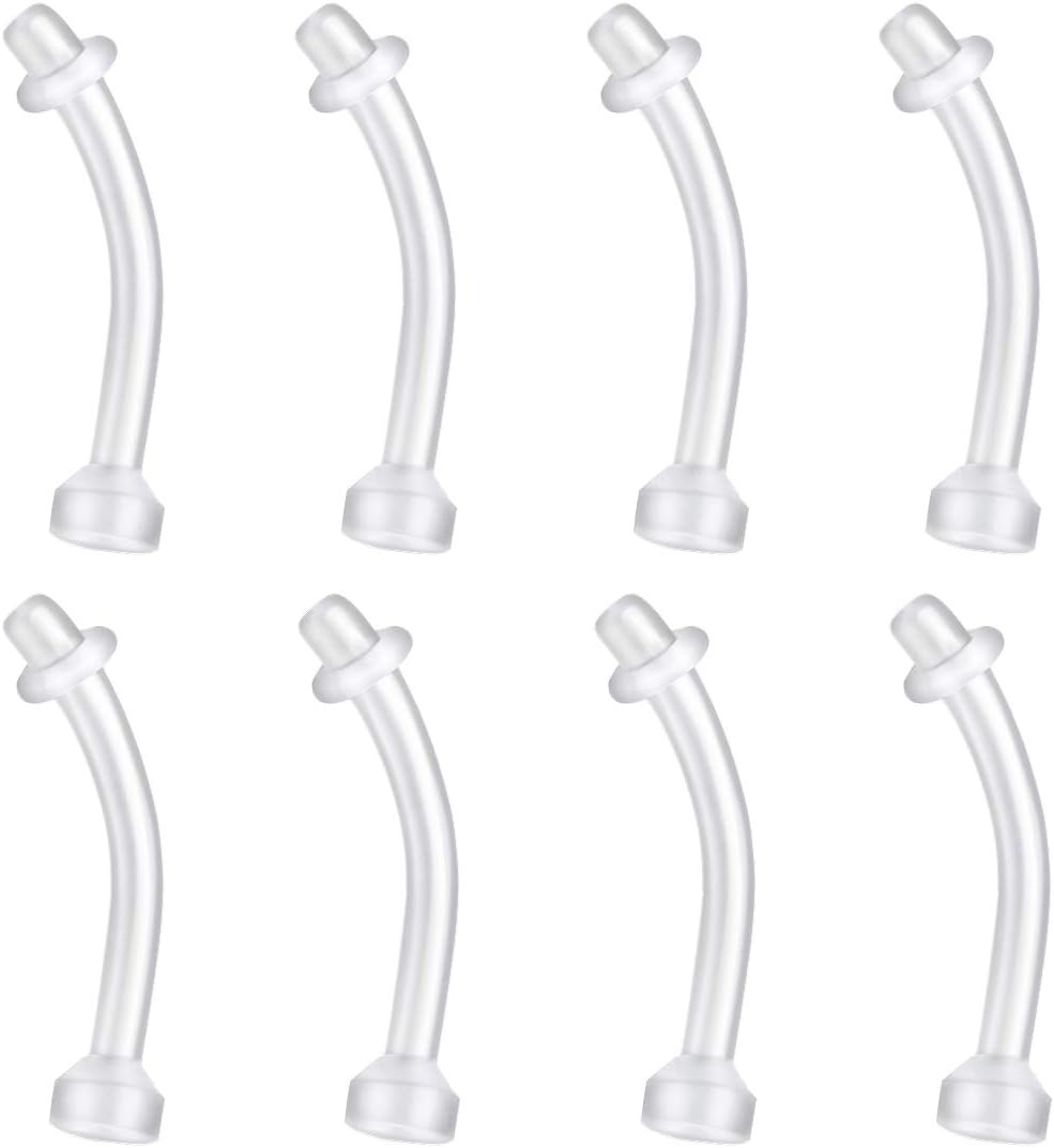 8 PCS Belly Barbell Ring, 14G Flexible Clear Acrylic Curved Navel Piercing Belly Ring Retainers Rubber O Rings Jewelry