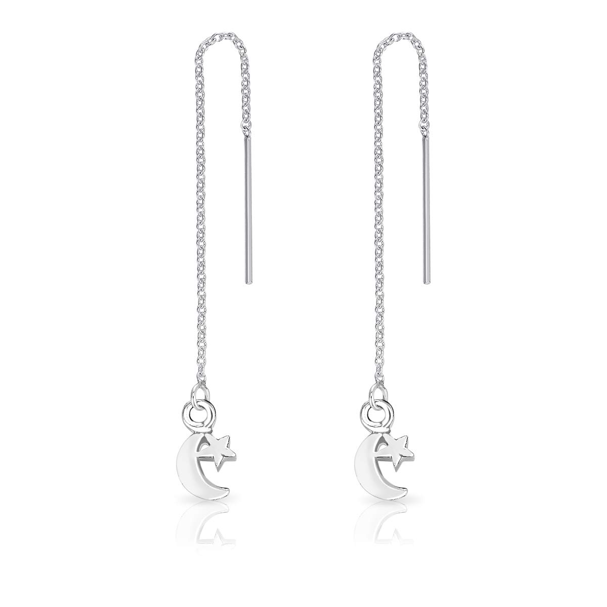 DTPsilver® 925 Sterling Silver Plated Pull Through/Thread Style Drop Chain Earrings Moon with Crescent Moon and Star - Length: 75 mm - Star Dimension: 6 x 10 mm — image 1