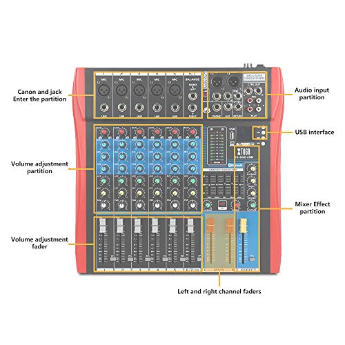 XTUGA Professional Audio Mixer Sound Board Console ES602 USB/MP3/Bluetooth Stage Audio Mixer Built-in Digital Effect Mixer Music Mixer 7 Channel Mixer +48Vpower (black)
