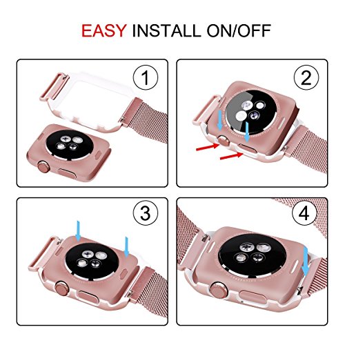 AHXLL Apple Watch Mesh Milanese Loop stainless Steel Replacement iWatch + Metal Protective case for Apple Watch Series 3, Series 2, Series 1, Sport& Edition (Rose Gold, 42MM)