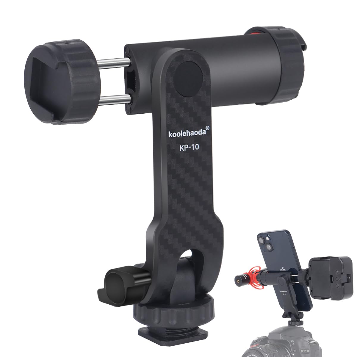Koolehaoda Tripod Phone Mount, Smartphone Holder with 2 Cold Shoe and 1/4" Thread for Camera Mic Light Stand, 360°Rotation & 180°Tilt Phone Clamp Compatible with iPhone & Android for Photography