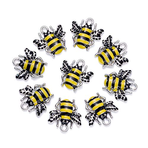 Craftdady 10PCS Platinum Silver Tone Yellow Bees Alloy Enamel Pendants Charms Beads for Jewelry Making, 18x17mm