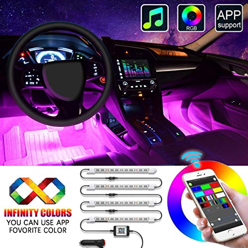 Unifilar Car LED Strip Light, EJ’s SUPER CAR APP Controller Car Interior Lights, Waterproof Multicolor Music Under Dash Lighting Kits for iPhone Android Smart Phone, Car Charger Included, DC 12V