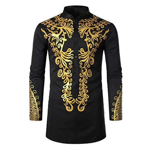 Mens Dashiki African Tribal Clothing Printed Long Henley Shirt Traditional Ethnic Slim Fit Outfit