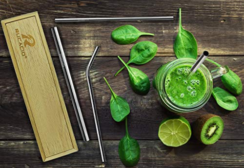 Stainless Steel Straws,RUCACIO Smoothie and Cocktail Straws Portable and Reusable,Gift Wrap Available,6 Metal Drinking Straws 8.5inches with 2 Brushes,Set of Gift for Friend (6 stainless steel straws)