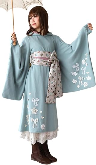 Amazon Co Jp Favoriteオリジナル レトロ 着物 和風 洋風 チューリップ柄 パープル帯 白レースと翡翠の泉 着物風パーカー ワンピース 年1月上旬 予約 5月上旬頃より順次発送予定 服 ファッション小物