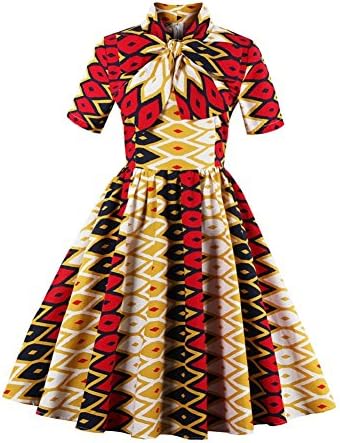 HOMEY INN Women's Elegant Knee Length Flare Bowknot Vintage Swing Dress (4XL, Red-Yellow)