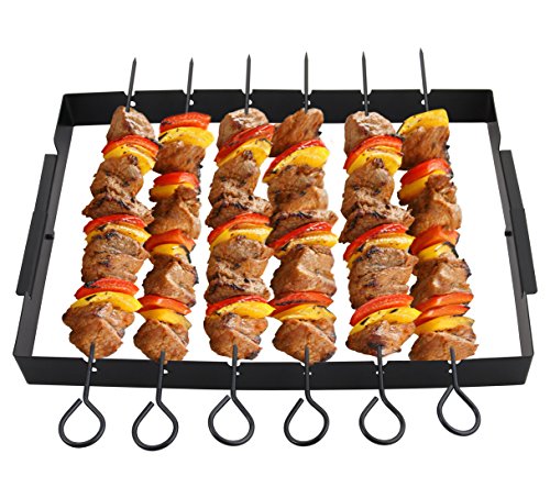 POLIGO Heavy Duty Barbecue Skewer Shish Kabob Set, 14” Stainless Steel Shish Kabob Skewers and Foldable Grill Rack - Great for Charcoal, Electric or Gas Grill (Set of 6 Skewers + Grill Rack) - Thumbnail 3