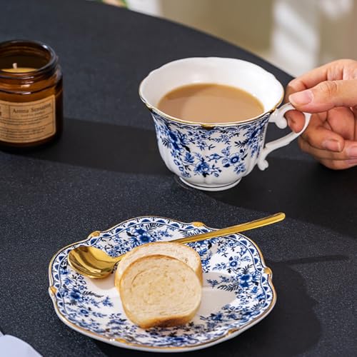 250ml Tea Cup and Saucer Set, 8oz Floral Blue Porcelain Coffee Cups for Tea, Cappuccino, Latte, Elegant Vintage Bone China Tea Set, Gift Box