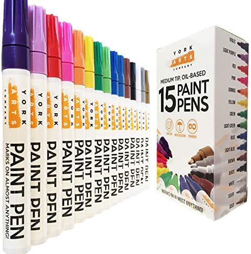 York Arts Co. Paint Pens for Canvas, Metal, Plastic, Rocks, Glass, Wood and more. Set of 15 Colors, Medium-Point, Oil Paint Markers, Permanent, Quick-Dry, Water-Resistant
