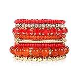 Riah Fashion Women's Multicolor Beaded Stretch Bracelet (Coral)