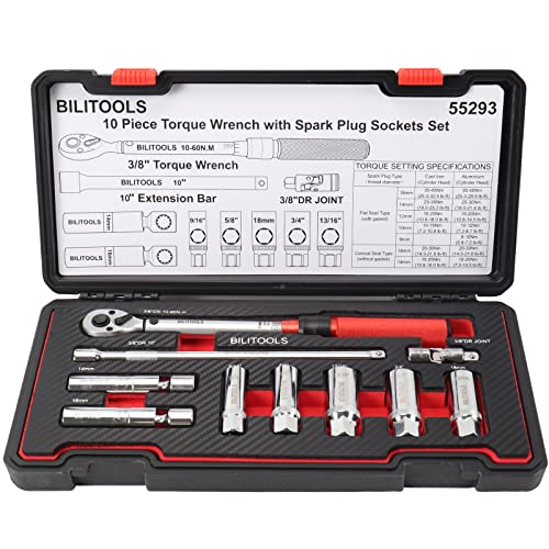 BILITOOL 3/8 Inch Click Torque Wrench with Spark Plug Socket Set, 1060Nm, CrV Steel