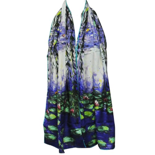 Wrapables Luxurious 100% Charmeuse Silk Long Scarf with Hand Rolled Edges, Claude Monet Nympheas