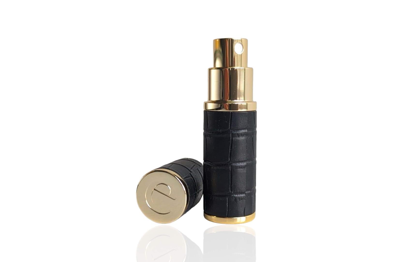 The Essential Atomizer Co Faux Croc Refillable Perfume Fragrance Travel Atomiser inc funnel & box (Black w Gold Metal)