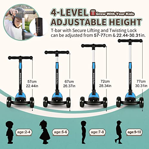besrey 3-10 Years Child Scooter with Lights, Adjustable in 4 Heights, Blue