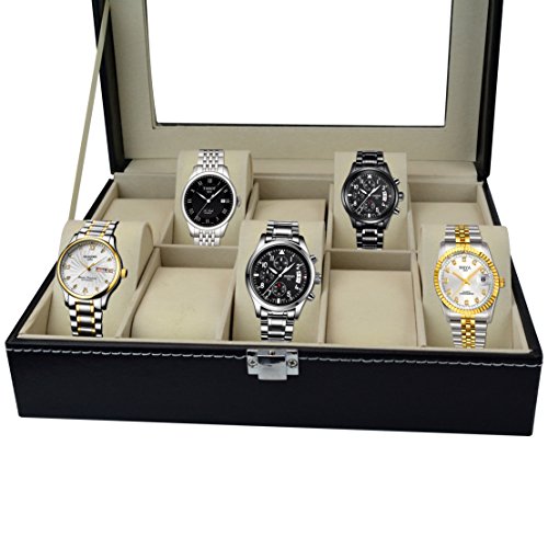 Aketek Watch Box 10 Mens Black Leather Display Glass Top Jewelry Case Organizer - Thumbnail 4