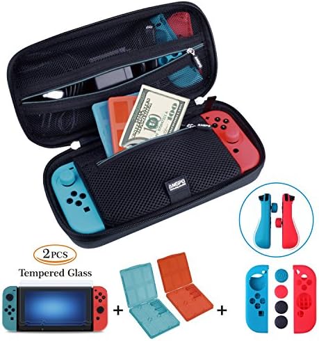 ANGPO for Nintendo Switch 4in1 Protector Kit,Hard Shell Travel Case/Joycon Grips Guards/2x HD Anti Glare Switch Screen Protector/2x Game Card and Micro SD Card Case (Oxford-Blue)