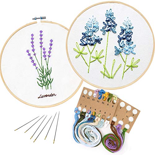 2 Pack Embroidery Kit, Full Range of Embroidery Starter Kit with Pattern DIY Embroidery Kit for Beginner Including Embroidery Cloth, Embroidery Hoop, Threads, Tools Kit (Lavender and Lupine)