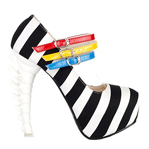 SHOW-STORY-Black-White-Stripe-3-Strap-Platform-Bone-Heel-Mary-Jane-PumpsLF80636