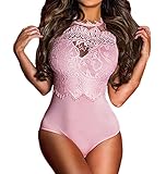 Shawhuwa Womens Sexy Floral Lace High Neck Sleeveless Bodysuit Clubwear (Large, Pink)