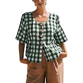chouyatou Women's Gingham Button Down Shirt Cotton Shirt Plaid Blouses Short Sleeve Summer Tunic Tops