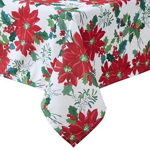 Laura Ashley Decorative Tablecloth, Wrinkle and Stain Resistant, Spillproof Water Repellent, Easy Care Washable Polyester Fabric for Dining, Kitchen, Holiday and Party, 70 Round, Christmas Floral
