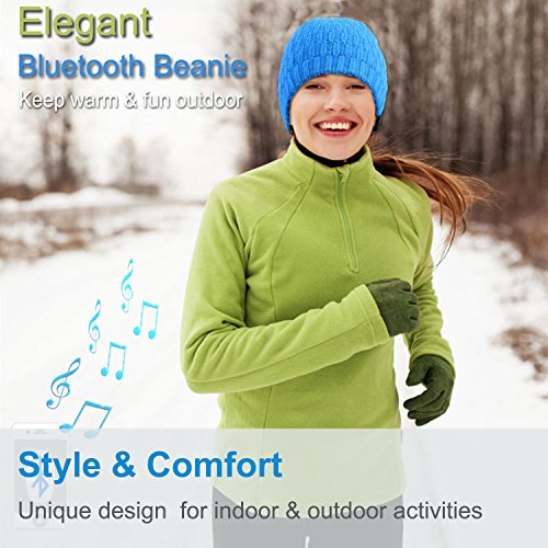 Qshell Bluetooth Beanie, Washable Music Hat Cap with Wireless Stereo Over Ear Headphone Headset Earphone Speaker Microphone Hands Free for iPhone Ipad Samsung Android Cell Phones, Blue