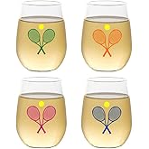 Set of 4 Shatterproof Designer 16 oz Plastic Wine Glasses MADE in the USA (TENNIS)
