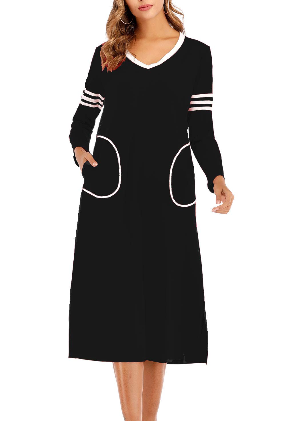 AOVXO Long Nightgown Womens V Neck Long Sleeve Nightshirt Ultra-Soft Cotton Fabric Split Hem Design with 2 Side Deep Pockets (Black, 2XL)