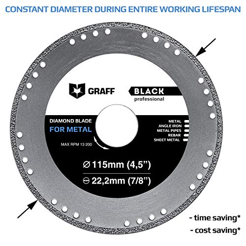 Diamond Metal Cutter GRAFF Black 4 1/2-Inch, Professional Angle Grinder Cutting Wheel, Sheet Metal Cutter, Cut Off Wheel 7/8-Inch Arbor - 3x Longer Metal Max Wheel Life (115mm)