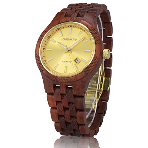 BEDATE Wood Watch Mens Date Display Lumimous Pointers Quartz Movement W141A (Rose Wood)