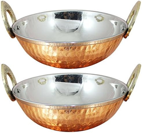 YourEshop Vegetable Dinner Bowl with Handles Copper Serveware Karahi for Indian Recipes, Set of 2, Diameter 6 Inch