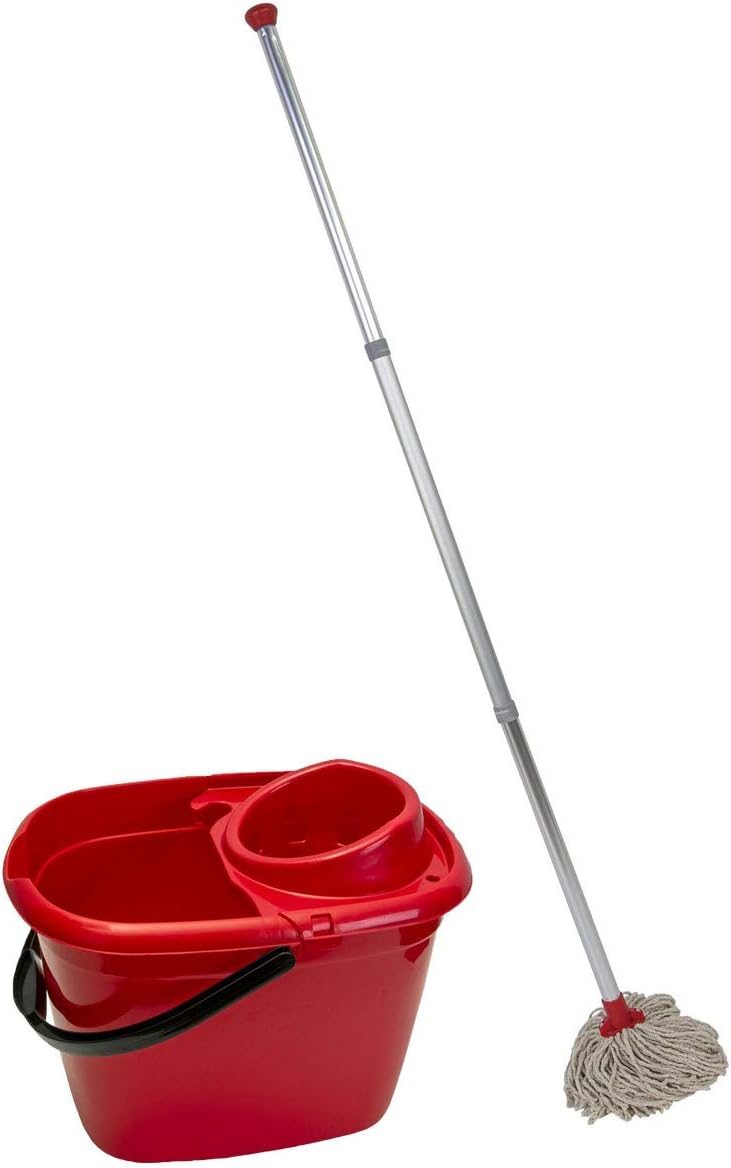 Abbey Professional Mop Bucket Set Heavy Duty Wringer 12L Red 2 Cotton Mop Heads