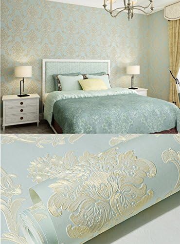 Non-Woven Embossed Self Adhesive Blue Damask Wallpaper Modern Style Decorative Contact Paper Adhesive Film Wall Decal Sticker 53 x 300 cm