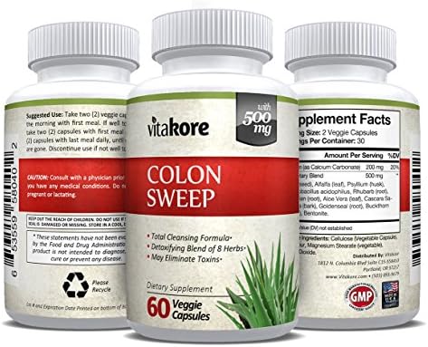 Vitakore Colon Sweep Total Cleansing with Psyllium Husk (500mg) Natural Body and Digestive System Detoxifier | Boost Weight Loss &amp; Immune System Health | 60 Veggie Capsules