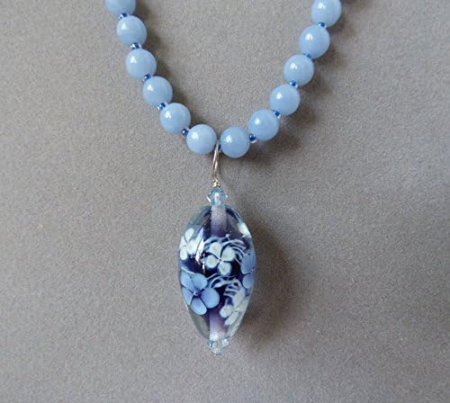 Blue and White on Deep Purple Teardrop Floral Artisan Lampwork Bead Pendant Necklace Accented with Swarovski Crystals on a Strand of Angelite Gemstone Beads