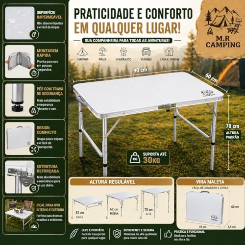 Mesa Maleta Camping Dobrável 90x60cm Ajuste Altura Livre Estável Portátil Alumínio M.R Camping