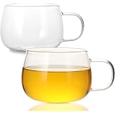 GURUDAR Glass Tea Cups Set of 2, Clear Borosilicate Glass Teacups with Handle for Tealover, Dishwasher &amp; Microwave Safe Large Coffee Mugs for Espresso Cappuccino Latte Juice, 12OZ/360ML