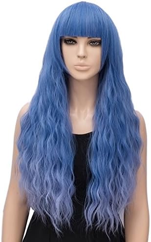 FiveFour Blue Mixed Purple Wig Light Bangs Natural Wave Long Curly for Women Cosplay Party Ripple Hair 27"