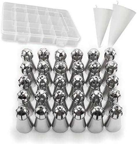 Sphere Russian Piping Tips 32 pcs Set - 30 Unique Sphere Ball Icing Tips Designs and 2 FREE Reusable Canvas Piping Bags - Professional Cake Pastry DIY Cupcake Decorating Set