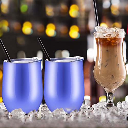 Skylety 12 oz Double-insulated Stemless Glass, Stainless Steel Tumbler Cup with Lids for Wine, Coffee, Drinks, Champagne, Cocktails, 2 Sets (Hydrangea)