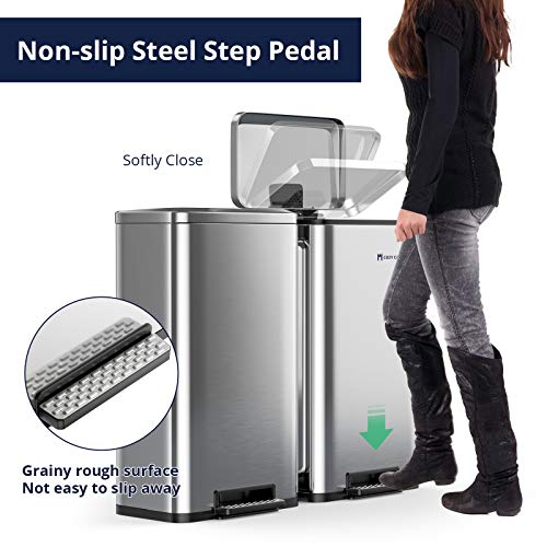 Cozy Castle 16 Gallon Dual Step Trash Can & Recycle Bin, Kitchen Trash Can with Lids & Foot