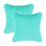 Pack of 2 CaliTime Super Soft Throw Pillow Covers Cases for Couch Sofa Bed, Solid Plush Faux Fur 18 X 18 Inches, Turquoise